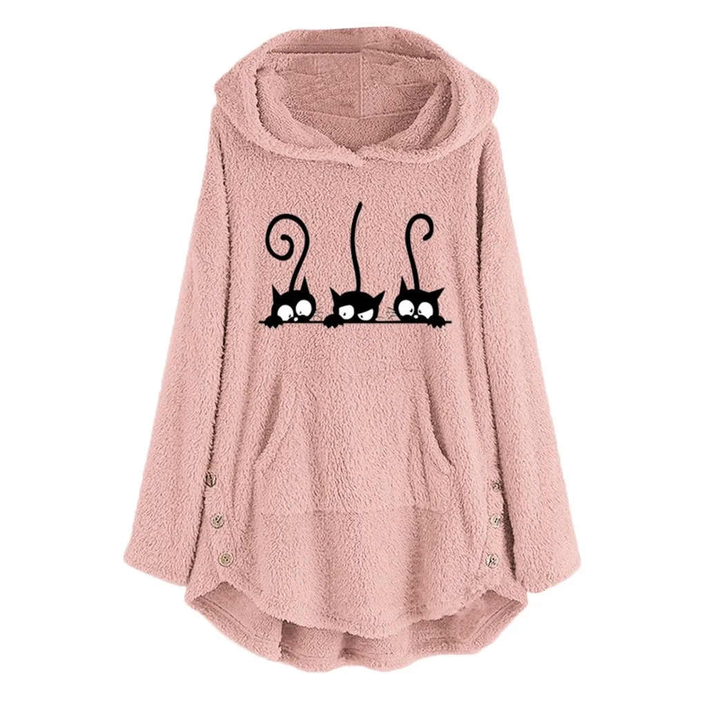 

Women Oversized Hooded Sweatshirts Kawaii Embroidery Cat Warm Fleece Hoodie Button Autumn Winter Plush Long Sleeve Femme Hoodies