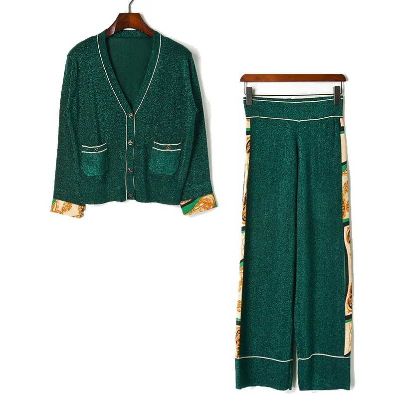 

Luxury Brand Designer Runway 2 Piece Set For Women Patchwork Print Cuff Knitted Cardigan And Knitted Pants Set