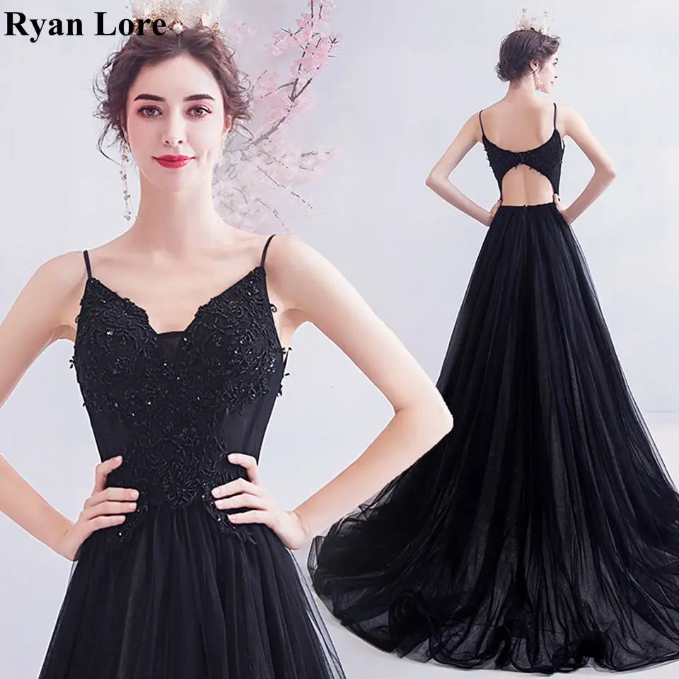

Black Prom Dresses 2020 Women Elegant V Neck Appliques Lace Sequins Formal Long Evening Gowns Open Back Party Robe De Soiree