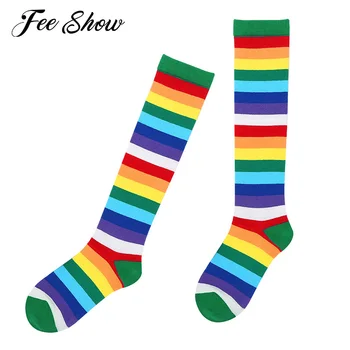 

2 Pairs Women Long Pantyhose for Autumn or Winter Novelty Colorful Rainbow Stripes Over the Calf Stretchy Knee High Stocking