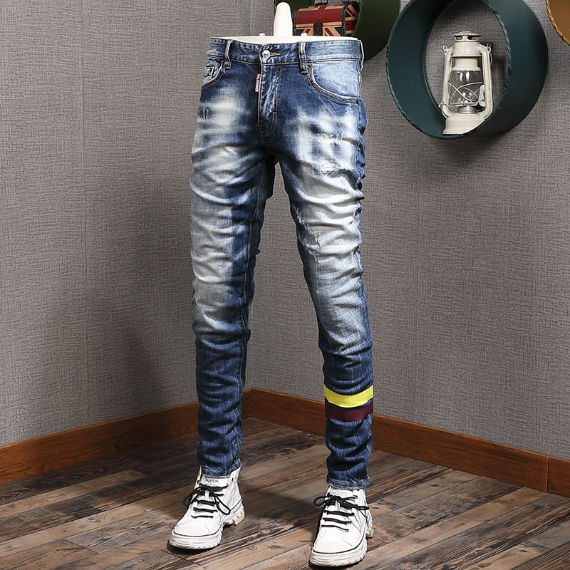 Street Style Fashion Men Jeans Retro Blue Elastic Slim Fit Printed Designer  Destroyed Ripped Jeans Men Hip Hop Plain Denim Pants - Jeans - AliExpress