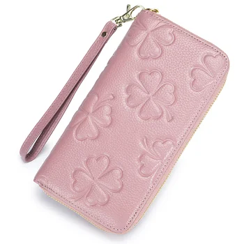 

Women RFID Wallets Long Zipper Purse Genuine Leather Wallet for Lady Female Mobile Phone Pouch Fashion Four-leaf Clover Printing
