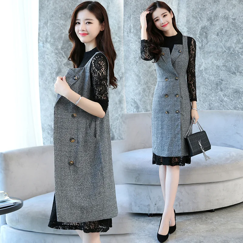 

Lace Dress WOMEN'S Dress 2019 Fall And Winter Clothes New Style Mid-length Two-Piece Set Fashion Waistcoat Buckle Fashionable Se