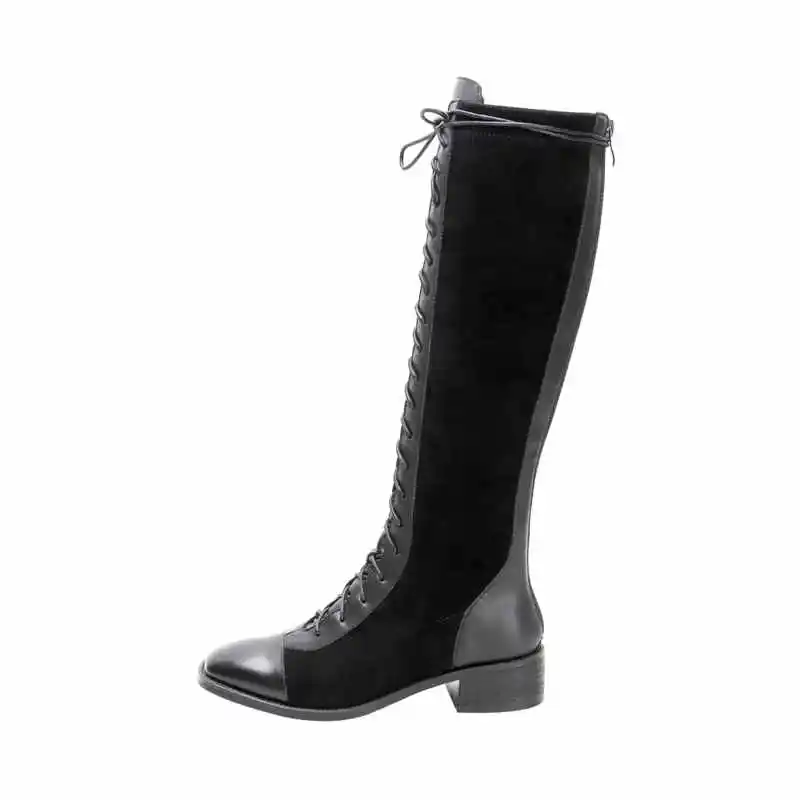 black ASUMER new arrive genuine leather boots zipper&lace up high knee boots women shoes square low heels winter boots - Цвет: black