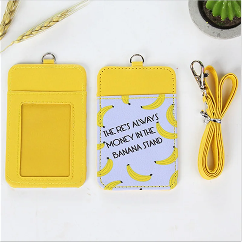 Banana yellow Женский футляр для проездного шнурка из кожи конфет с героями мультфильмов для студентов с милыми кроличьими дверями, для работы, удостоверение личности, 2 карточки, чехол - Цвет: Banana yellow