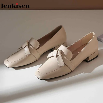 

Lenkisen concise style solid breathable genuine leather ladies shoes sweet bowtie square toe med heels slip on women pumps L00