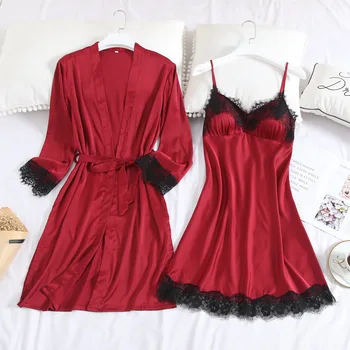 

Burgundy Kimono Robe Gown Suit Lady Lace Trim Sleepwear Sexy V-Neck Backless Nightdress Set Summer Nightwear Rayon Home Dress