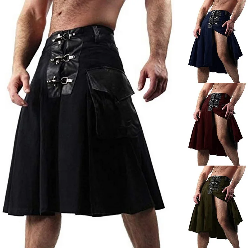 

Laamei 2019 Scottish Mens Solid Classic Retro Traditional Sexy Medieval Cargo Personality Scottish Kilts Check Pattern Skirts