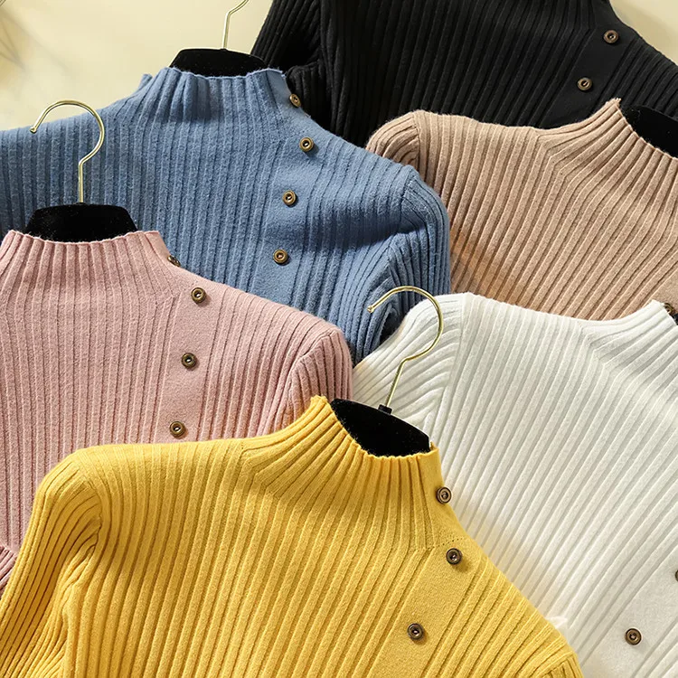 Fashion Turtleneck Sweater Women Long Sleeve Button Decoration Slim Women Pullover Sweater 2019 Autumn Winter Female Jumpers (17)