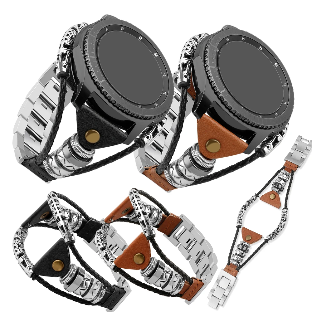 

For Samsung Galaxy Watch Gear S3 46mm Band Metal Braided Sheepskin Leather Chained Replaceable Watch Strap