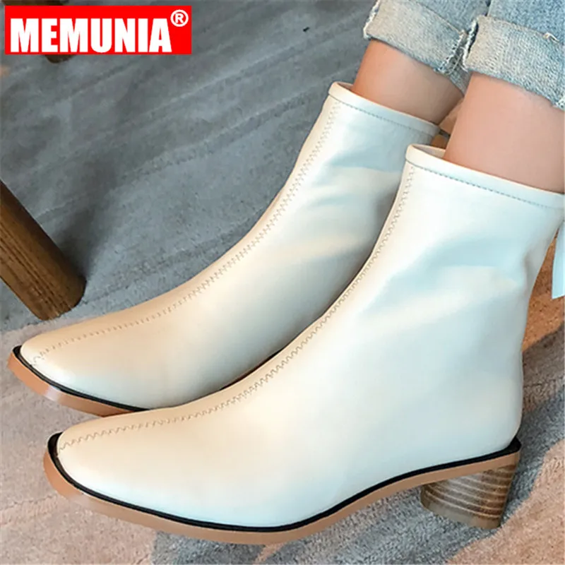 

MEMUNIA 2020 new genuine leather boots women square heel solid color autumn winter shoes simple zip ankle boots for women
