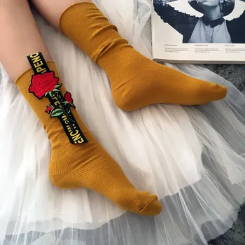 

Harajuku Roses Socks Women New Fashion Pure Color Korean Street Style Letter Handmade Embroidery Autumn Winter Breathable Socks