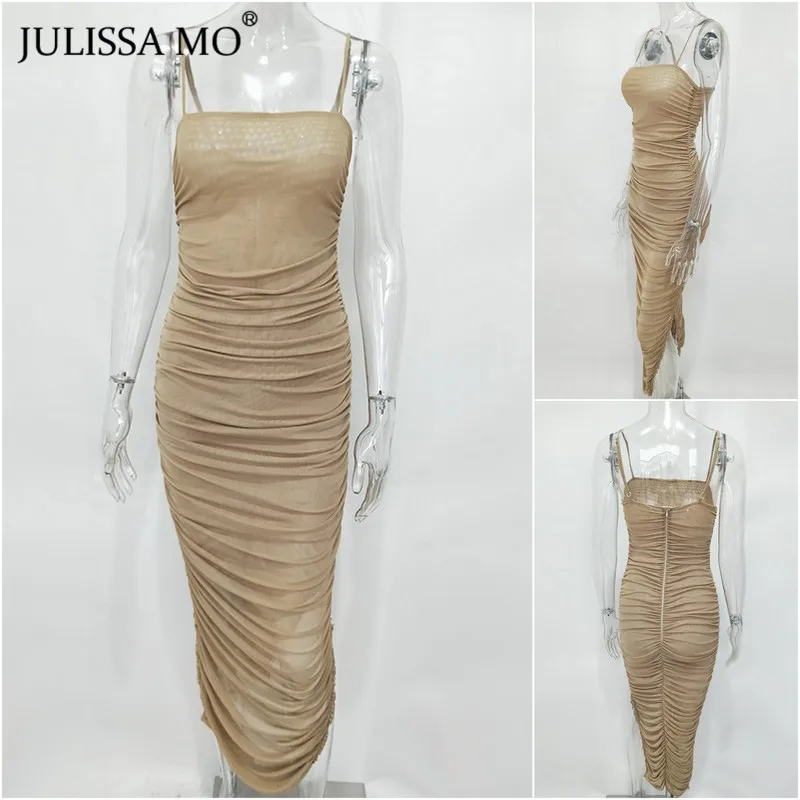 JULISSA MO 2 слоя сетки белое летнее платье для женщин Спагетти ремни Bodycon Ruched платье без рукавов сексуальные вечерние домашние женские платья XS