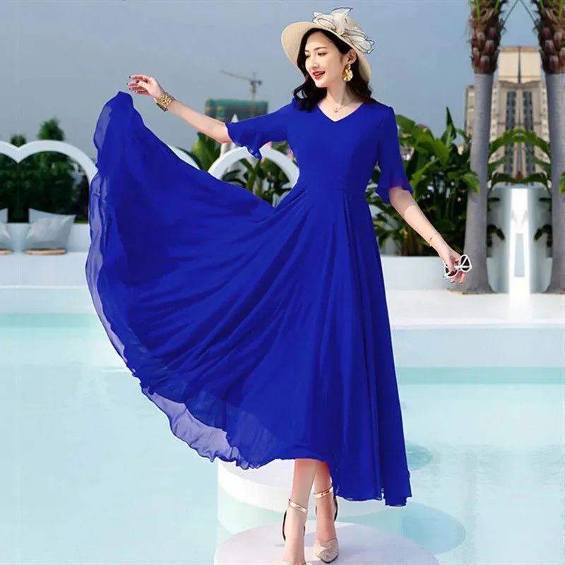 

2021 Новый размера плюс с рукавом-бабочкой, платье летнее пляжное длинное платье из красного шифона, облегающие платья, модные, элегантные, стильные, женские свободные платья