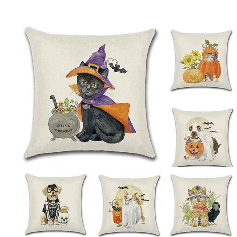 

Cute Cat Dog Animal Print Hallowee Throw Pillow Covers Pillowcases housse coussin Decorative Home Cushion Cover fundas cojines