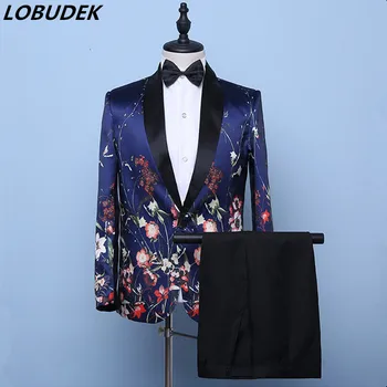 

British Style Men's Floral Suit Fashion Flower Pattern Single Button Blazers With Pants Wedding Suits Singer Host Tuxedo Costume