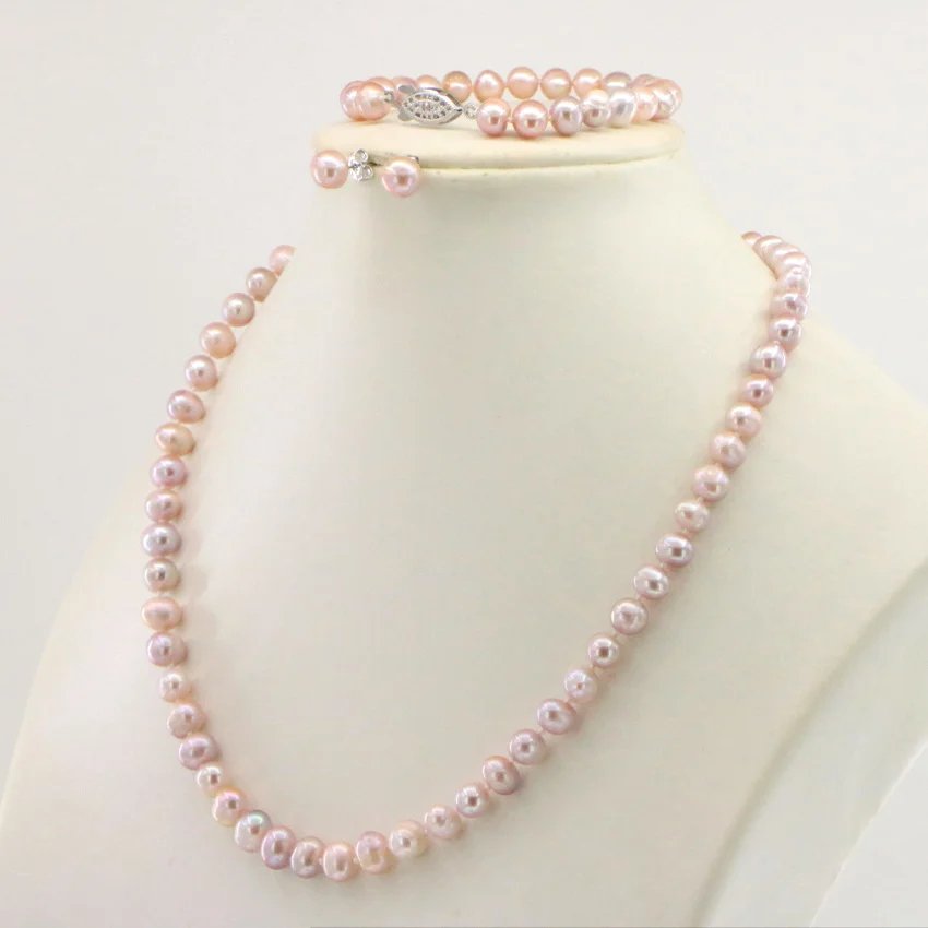 WUBIANLU 4 colors 7-8mm Pink Pearl Necklace Bracelet Earring Sets Women Jewelry Making Design Fashion Style Girl Gift Wholesale (1)