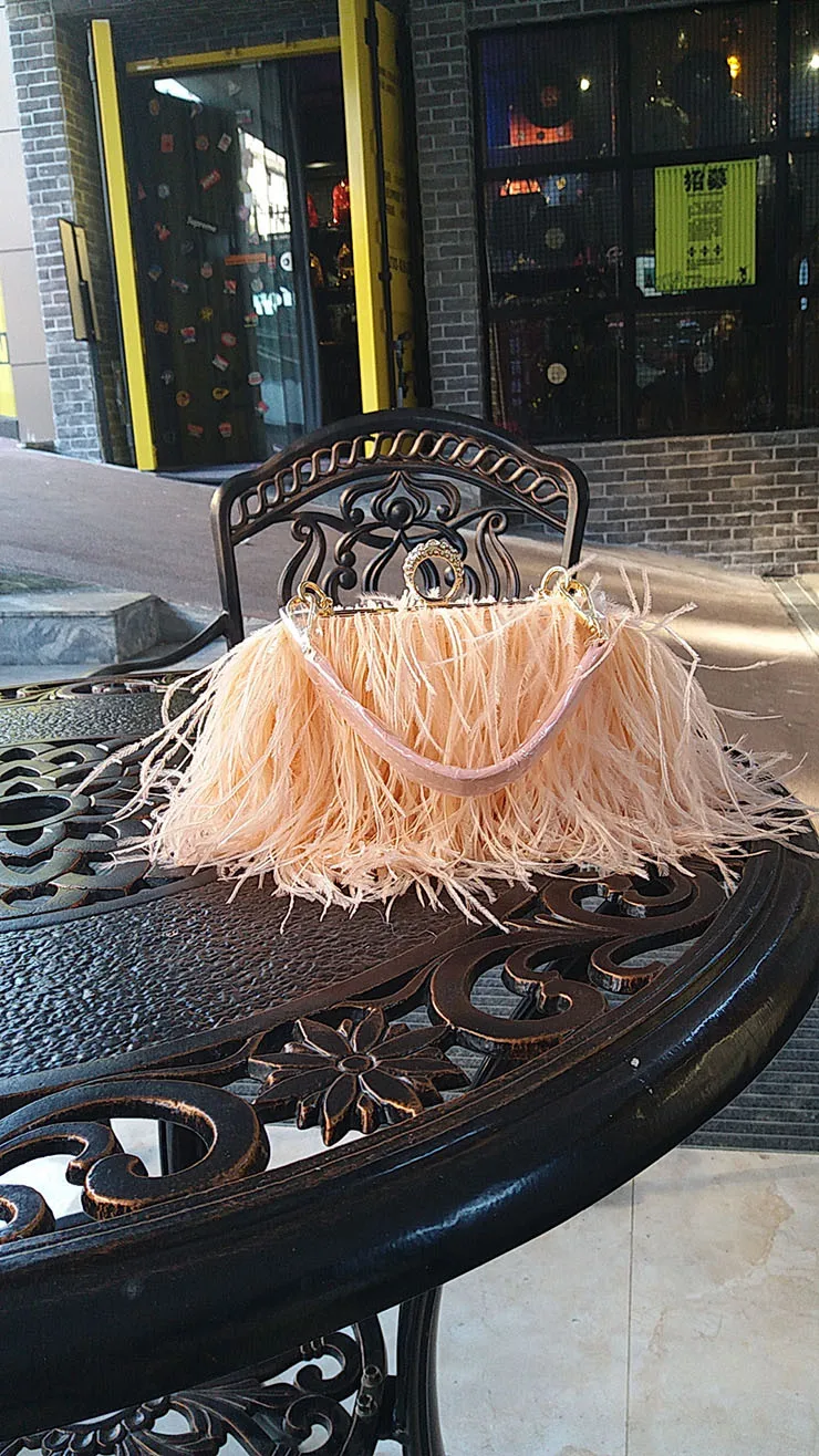 2022 Luxury Ostrich Feather Party Evening Clutch Bag Women Wedding Purses and Handbags Small Shoulder Chain Bag Designer Bag