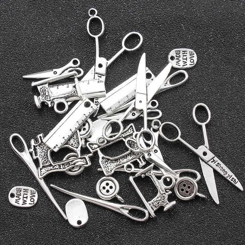 24 Pcs Mixed Antique Silver color Alloy Charms Tools Sewing Pendants DIY Jewelry Making Jewellry Accessories Necklace Ornament