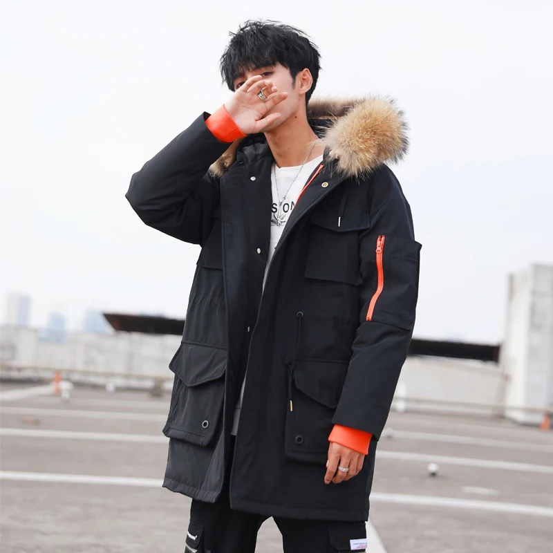 Tcyeek, зимняя куртка, Мужская, толстая, теплая, 90% утиный пух, пальто, Мужская одежда,, Корейская уличная мода, мех енота, парка с капюшоном, 02060