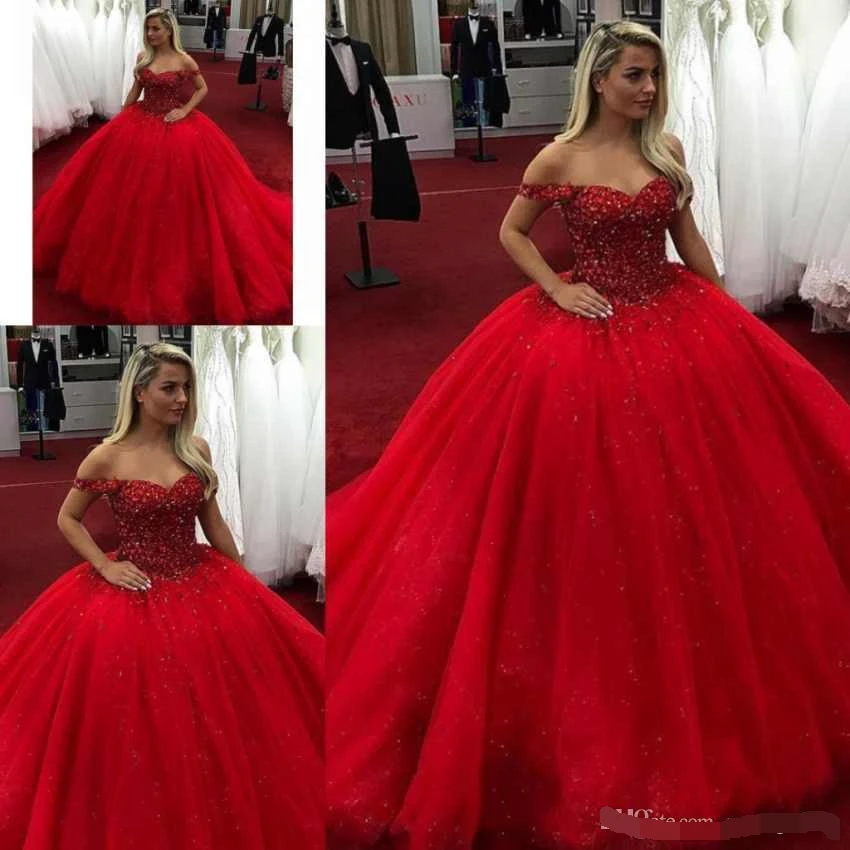 Vestido de baile quinceañera con cuentas y cristales, rojo brillante, para de graduación, 15 años, de quinceañera| - AliExpress