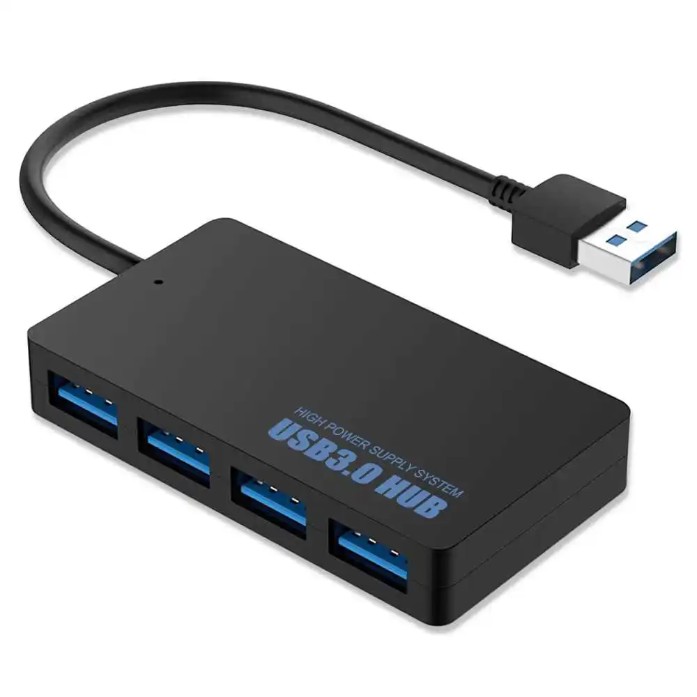 HUB USB 3.0 de 4 Puertos Negro Alta Velocidad con Toma Corriente Extra Opcional Super Speed SS para Ordenador Portátil