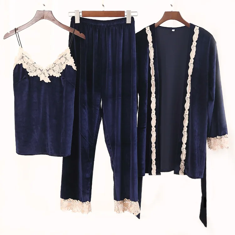 Бархатный осенний комплект из 3 предметов, ночная рубашка и халат, пижама, женское кимоно, халат, сексуальная ночная одежда, домашняя одежда, топ на бретелях и штаны
