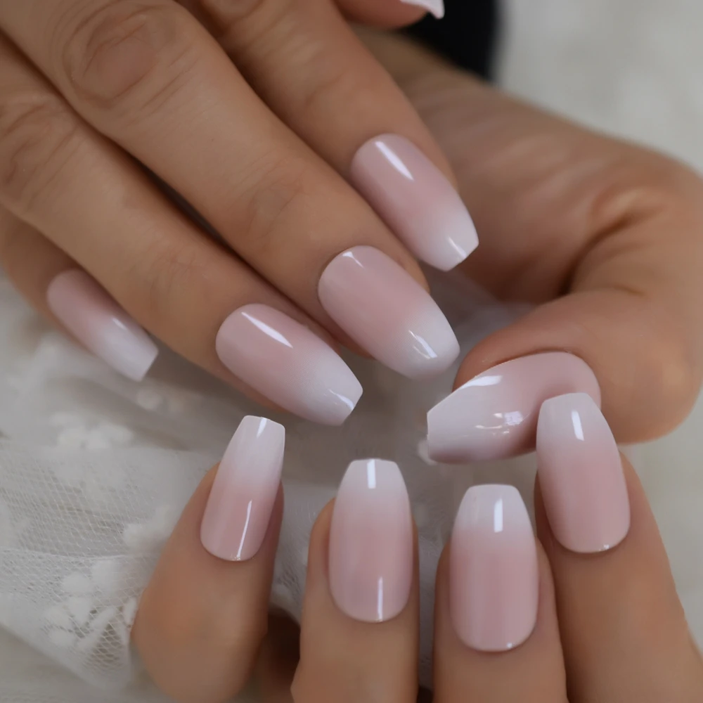 Pink Ombre Fake Nails Coffin Shape Medium Size Ladies Fingernails Natural French Faux Ongles 24 Ct False Nails Aliexpress