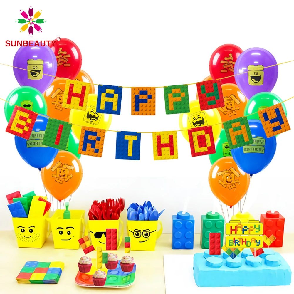 

Building Brick Theme Birthday Banner Bunting Garland Building Blocks Party Decorations Baby Boy Kids First Birthday Supply