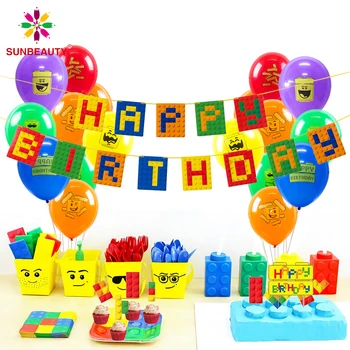 

Building Brick Theme Birthday Banner Bunting Garland Building Blocks Party Decorations Baby Boy Kids First Birthday Supply