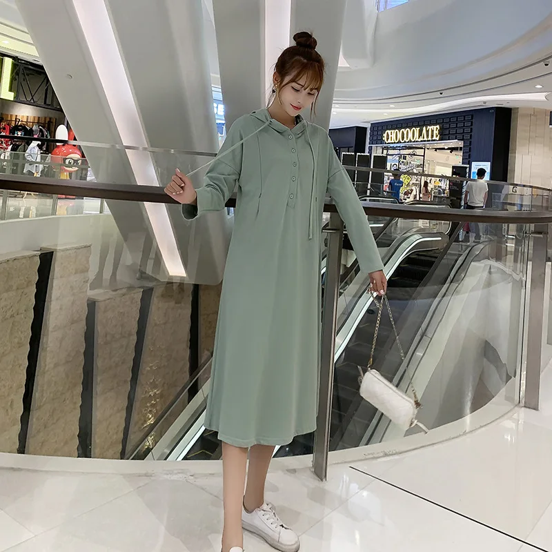 Korean style loose casual maternity nursing dress for pregnant women breastfeeding dress long sleeve hooded feeding dress