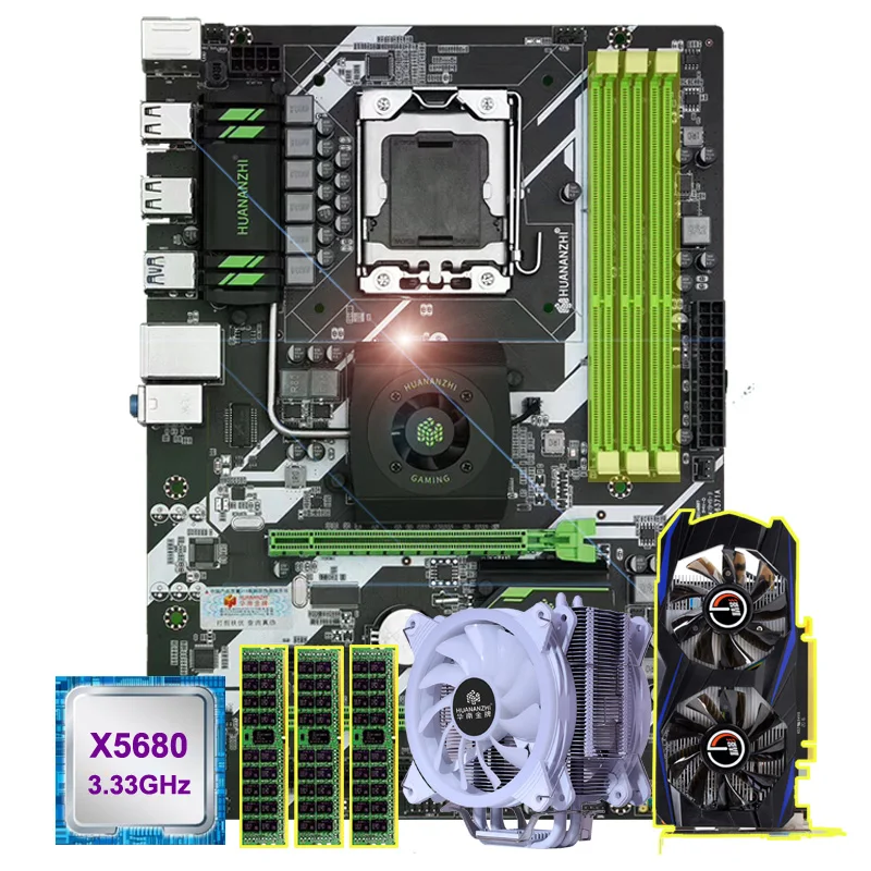 Комплект материнской платы HUANANZHI X58 Deluxe процессор Xeon X5680 с кулером ОЗУ 24 ГБ (3 х8 ГБ)