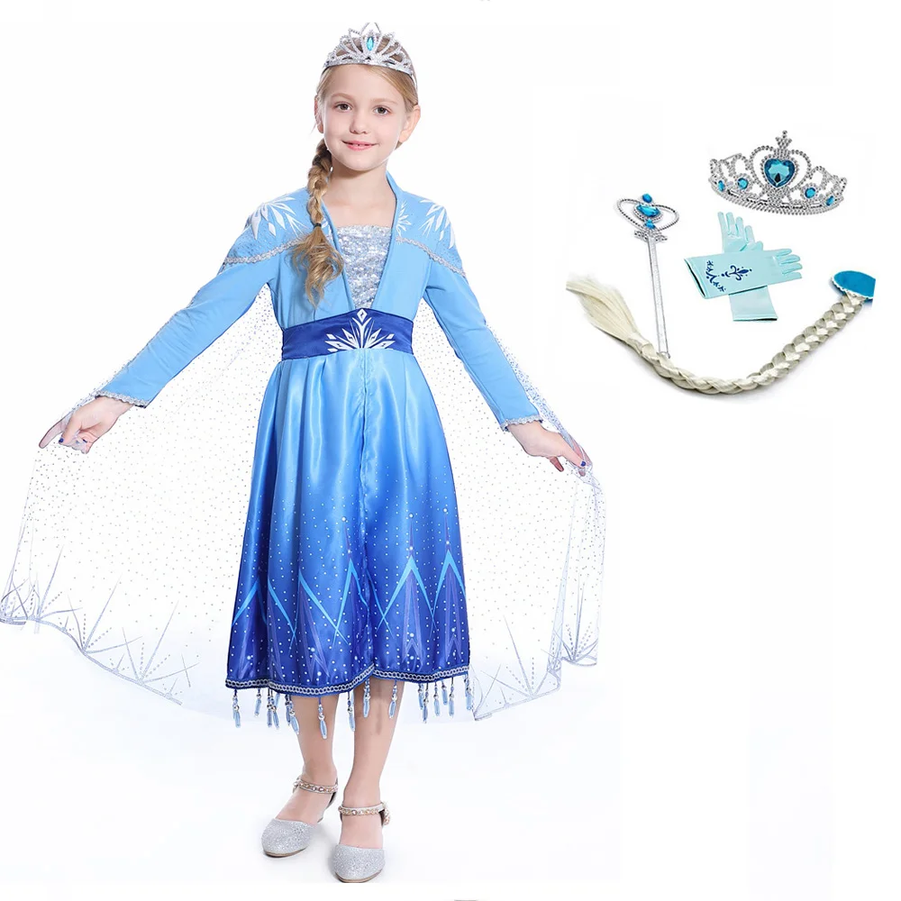 

2019 Elsa Dress 2 New Dress For Girls Princess Christmas Set Cosplay Anna Birthday Party Long Sleeve Elza Costume Kids Dresses