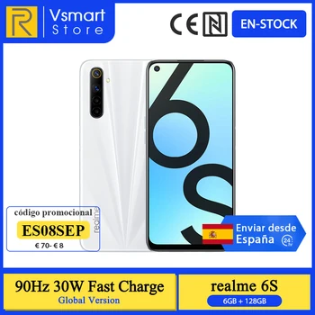 Перейти на Алиэкспресс и купить В наличии глобальная версия Realme 6S Смартфон 6 ГБ 128 ГБ 6,5 ''90 Гц дисплей Helio G90T 48MP Quad задние камеры 4300mAh 30W быстрая зарядка