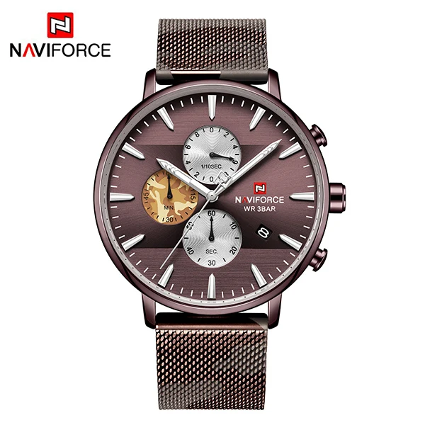 Мужские часы naviforce Топ бренд класса люкс хронограф из нержавеющей стали сетка мужские наручные часы водонепроницаемые кварцевые спортивные часы Подарки - Цвет: CFCoffeeNoBox