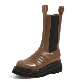 

Mobetty Mid-calf Platform Matin Boots Thick Bottom Genuine Leather Women Boots Elastic Band Slip-on Short Boots Botas Feminina