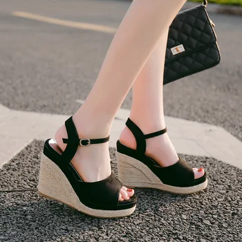 

Large Size Clogs Wedge Roman Sandals 2020 Women's Ladies Shoes Summer High Heels Muffins shoe Shallow Mouth Suit Female Beige