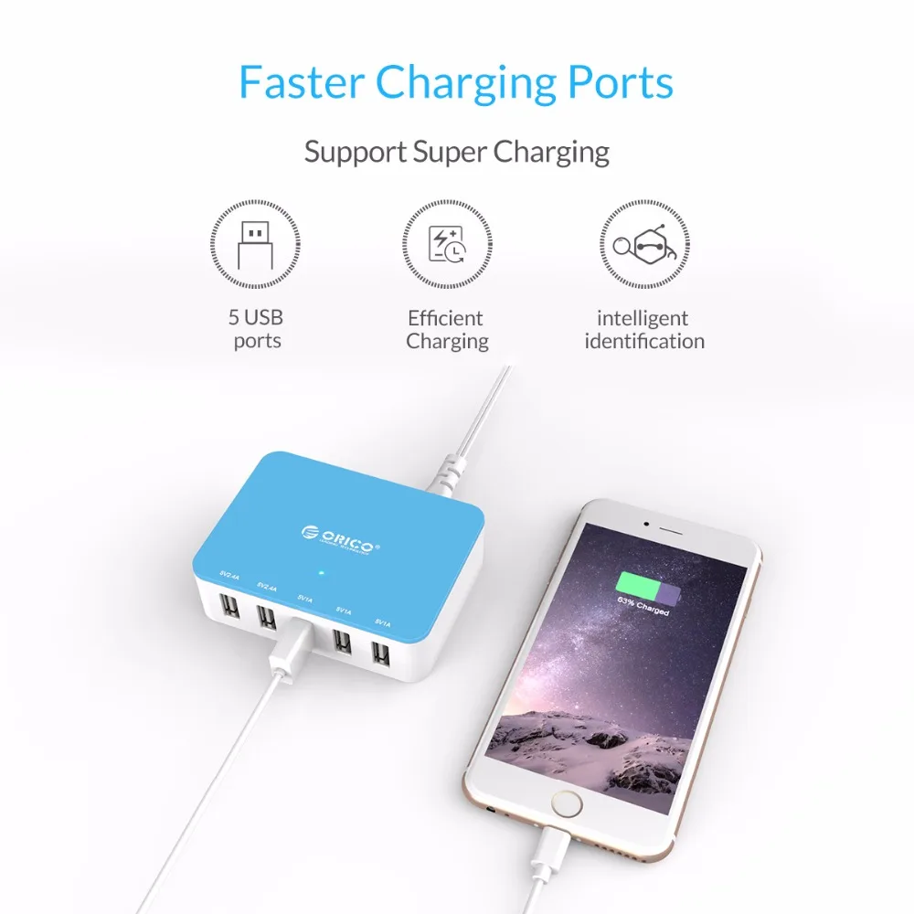 ORICO 5 Port USB Charger Smart Charger Desktop Charger with Power Adapter for iPhone Samsung Xiaomi Huawei USB Charging (1)