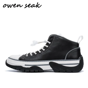 

Owen Seak Men Casual Shoes Luxury Trainers Cow Genuine Leather Lace Up Sneakers Male Autumn Boots Brand Flats Black White Shoes