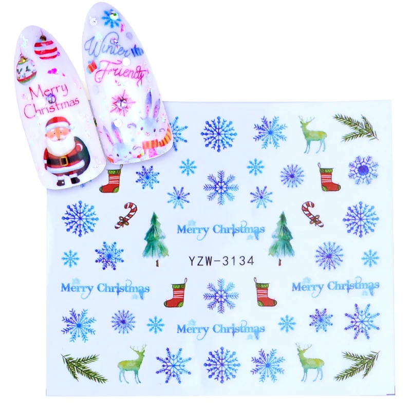 1 лист, Рождественский стикер для дизайна ногтей, слайдер, Санта Клаус, снеговик, переводные наклейки, фольга, 3D клей, год, Рождественский дизайн - Цвет: YZW-3134