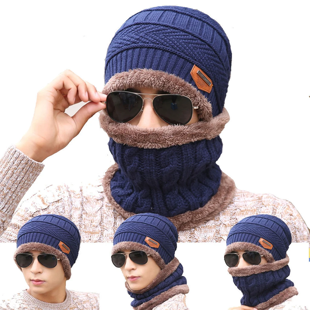2PCS Men's Women's 2 Sided Beanie Winter Warm Knit Ski Knitted Scarf Hat Windproof Couple Hat Slouchy Hats with Pom Scarves