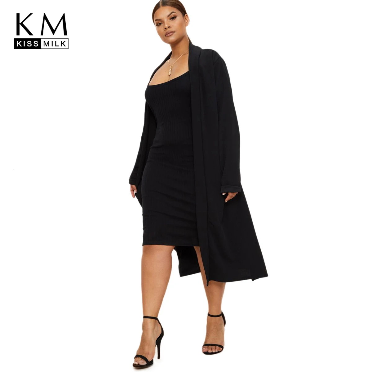 

Kissmilk Plus Size Woman Clothes Solid Color Open Blazer Crepe Maxi Duster Jacket