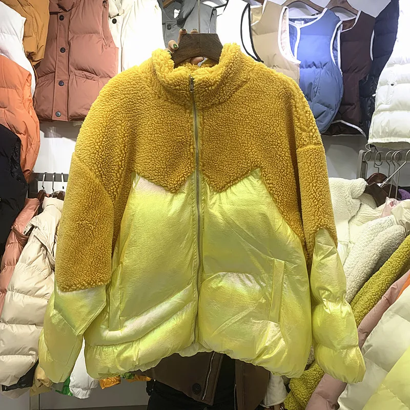 Модное хлопхлопковое пальто с отстрочкой из овечьего меха, Женская свободная короткая теплая куртка, зимнее пальто для девушек, Abrigos Mujer Invierno