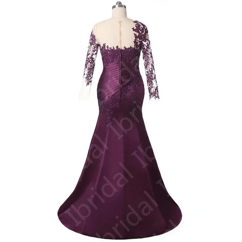 2021 Stunning Latest Purple Mermaid Lace Mother of the Bride Dresse Long Sleeve Wedding Guest Gowns Jewel Neck Beaded Sheer Back
