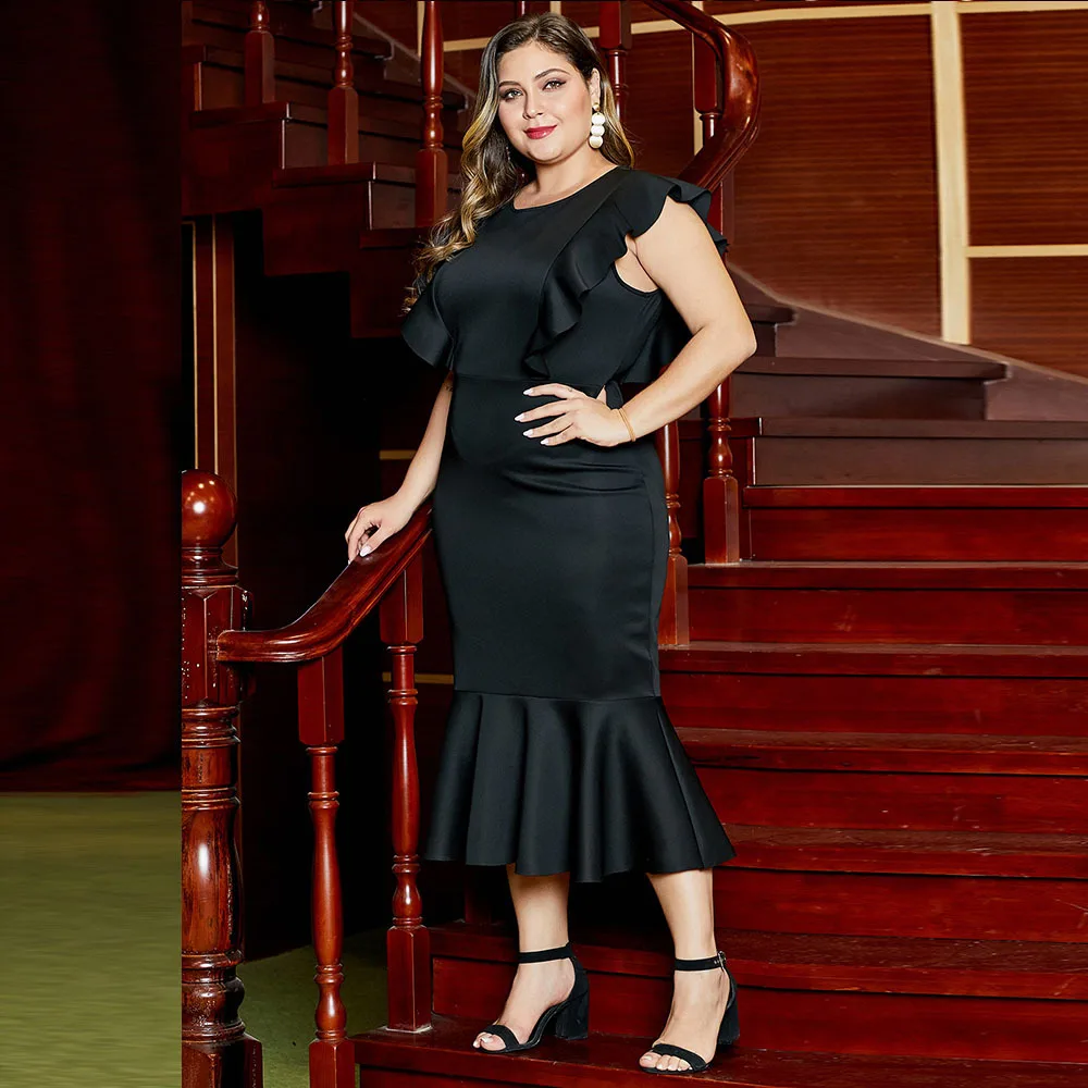 

Europe And America New Style Formal Dress Women's Dress Crew Neck Flounced Design Short Sleeve High-waisted Plus-sized Dress 611