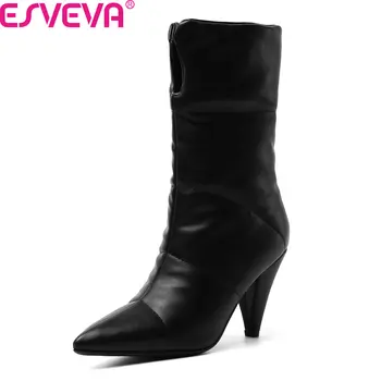 

ESVEVA 2020 Women Shoes Knee High Boots PU Pointed Toe High Heel Elegant Slip On Casual Fashion Solid All Match Boot Size 34-43