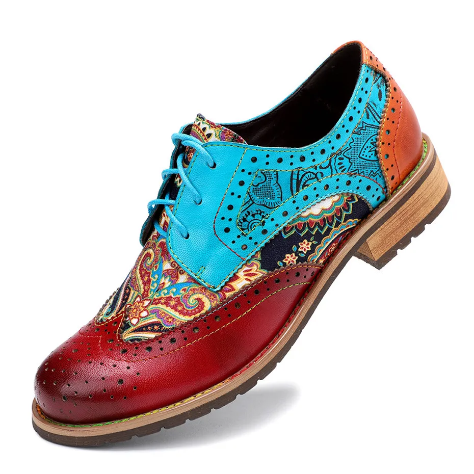 2020 New Spring Casual Women Brogues Shoes Handmade Genuine Leather Women Flats Oxfords Shoes Retro Carved Lace Up Lady Oxfords (7)