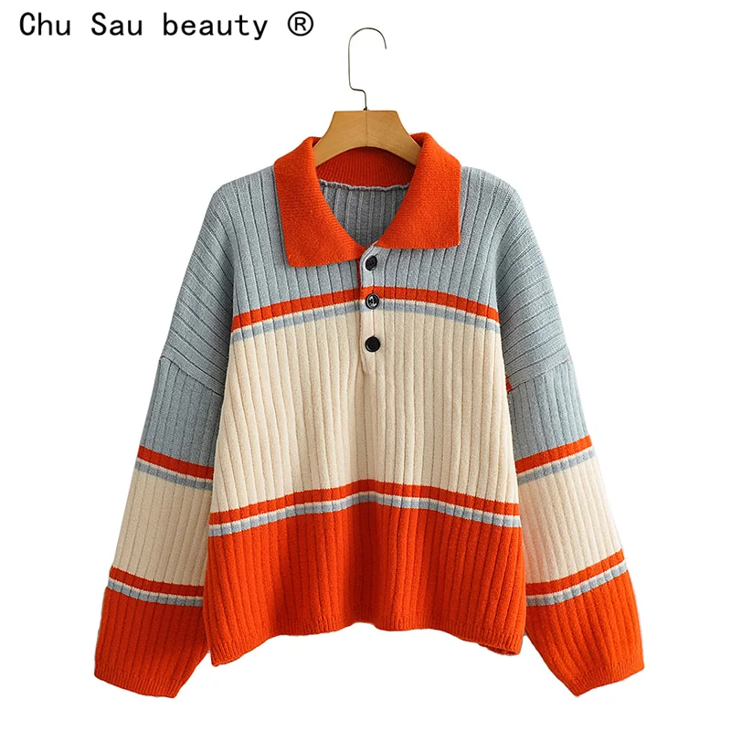 2020 new autumn winter chic Vintage Polo collar knitted cardigan women pullover loose shoulder sleeve striped sweater jacket top | Женская
