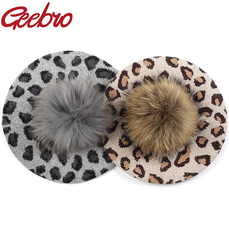 

Geebro Fashion Slouchy Women Beret Hat Leopard Print Winter French Style Bonnet Caps for Girls Lady Female With Real Fur Pompom