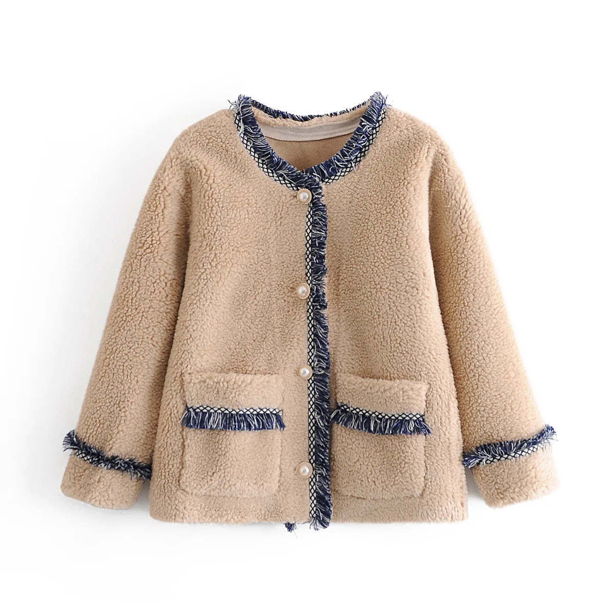 

Zoulv Fall/Winter 2020 Slim Pearl Button Pocket Short Velvet Round Neck Splicing Season Small Fragrance Mao Mao Coat Female